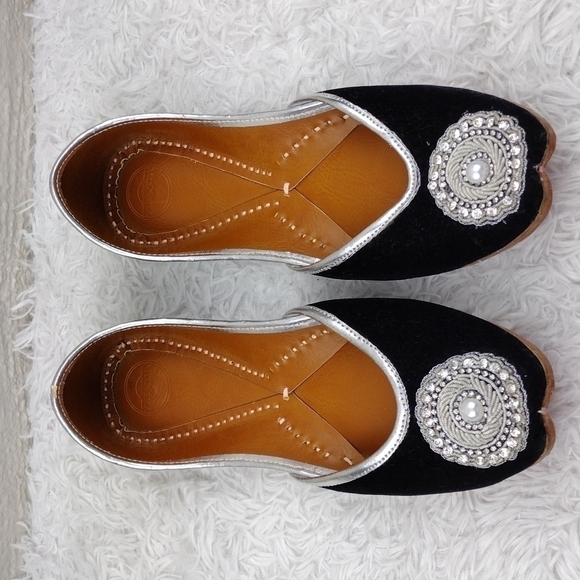 BELOVED MoXsha Black Suede Embellished Upper Square Toe  Slip On Jutti Flat Shoe - Picture 3 of 15